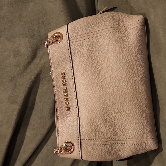 MICHAEL KORS JET SET SMALL MESSENGER PEBBLED LEATHER SHOULDER CHAIN TOTE BISQUE - Picture 1 of 5